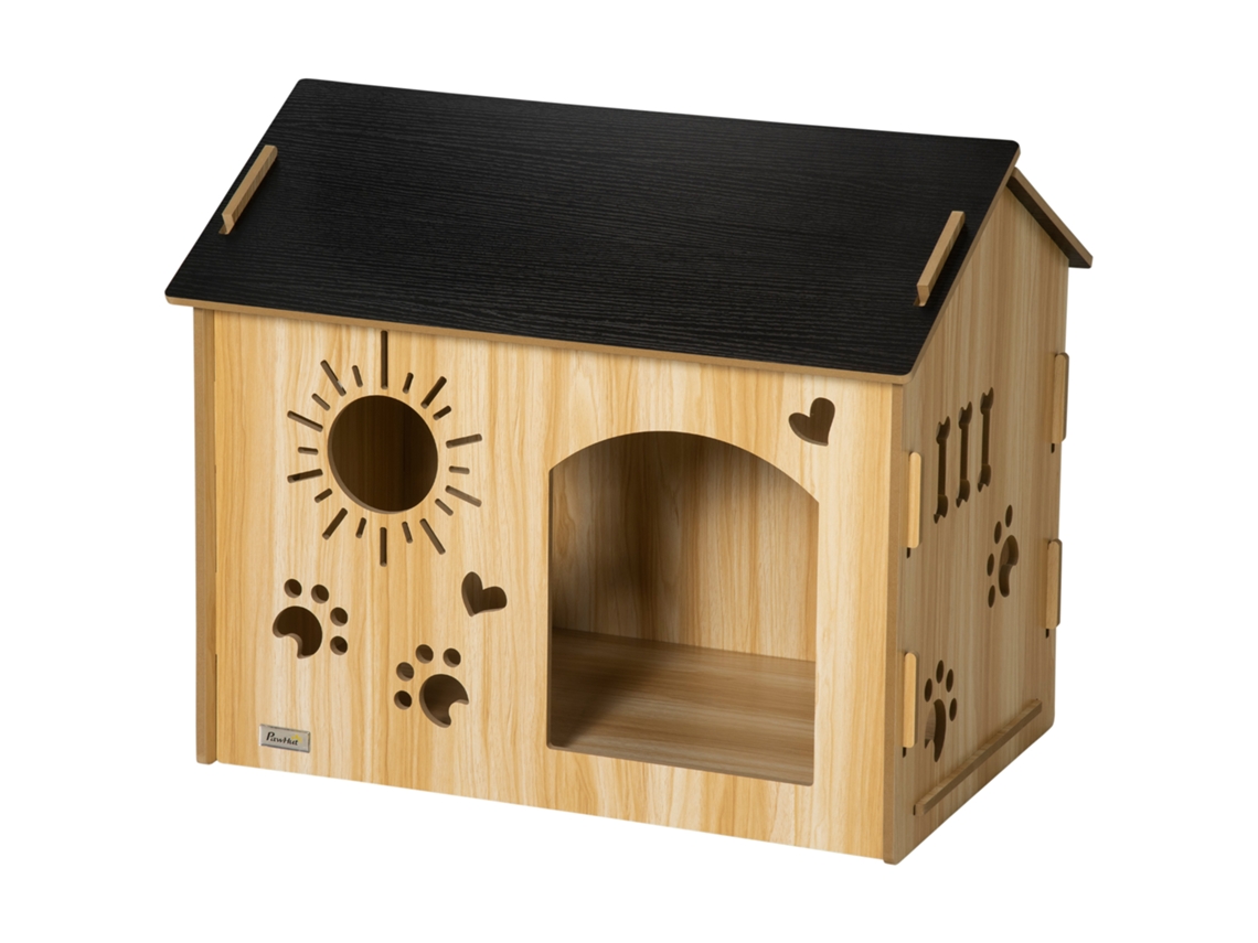 Casa De Madeira De Estimação Com Porta Dianteira Desenhos 69x50x58,5cm E Preto