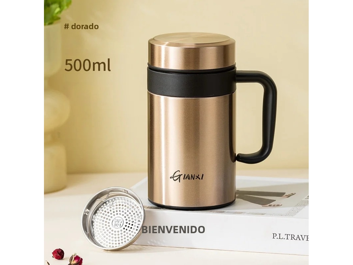 Caneca Térmica Grande De Aço Inoxidável (dourada, 500 Ml) Para Mulheres, Com Alça De Mão E Divisória Para Água/chá.