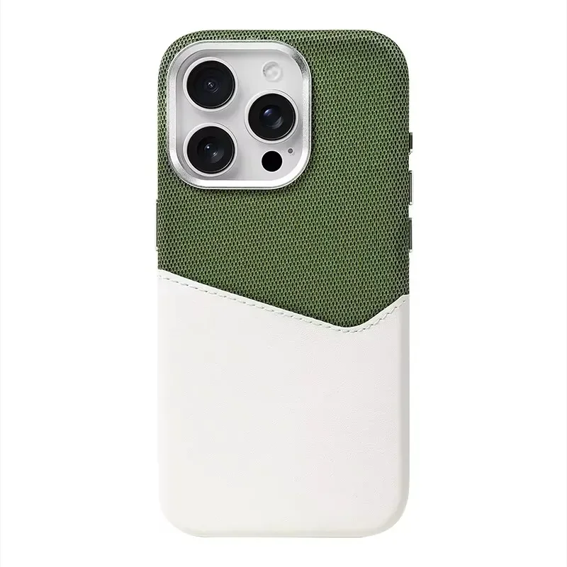 Capa De Celular Em Couro De Linho (verde E Branca) Para Iphone 16 Pro Max, Carregamento Sem Fio, Resistente A Impactos.