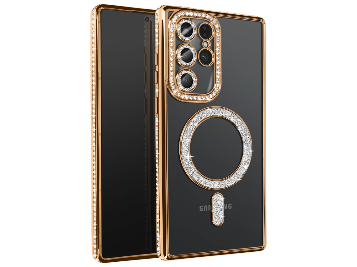 Capa Magsafe Contorno Strass Para Samsung Galaxy S25 Ultra Avizar Acrílico Dourado