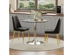 Conjunto de Mesa de Jantar 85 Cm em Vidro Temperado com 2 Cadeiras em Pu Preto e Dourado NOVELA