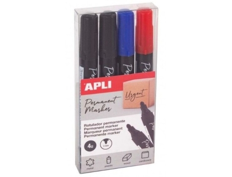 Estojo 4 marcadores permanentes Apli ponta redonda 3 mm, cores 2 pretos, 1 azul, 1 vermelho