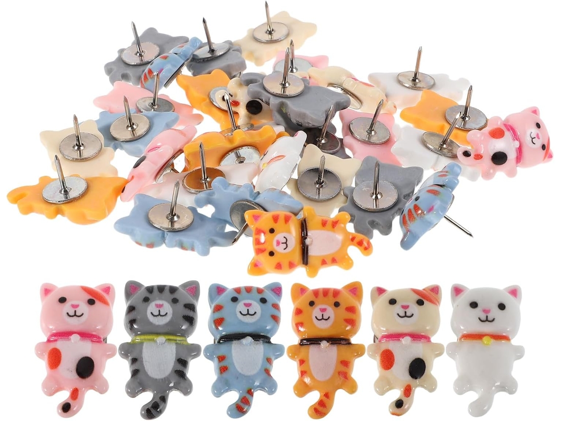 Conjunto de 30 Tachinhas Decorativas em Formato de Gato Vicasky para Murais de Avisos. Design Criativo e Material Plástico.