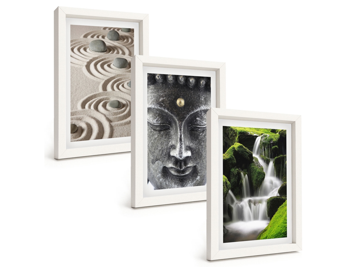 Composição De Quadros Paz, Pedras, Cachoeira, Buda, Zen Moldura Branca Quadros Para A Sala De Estar Espelharte (3 Peças 20x30 Cm)