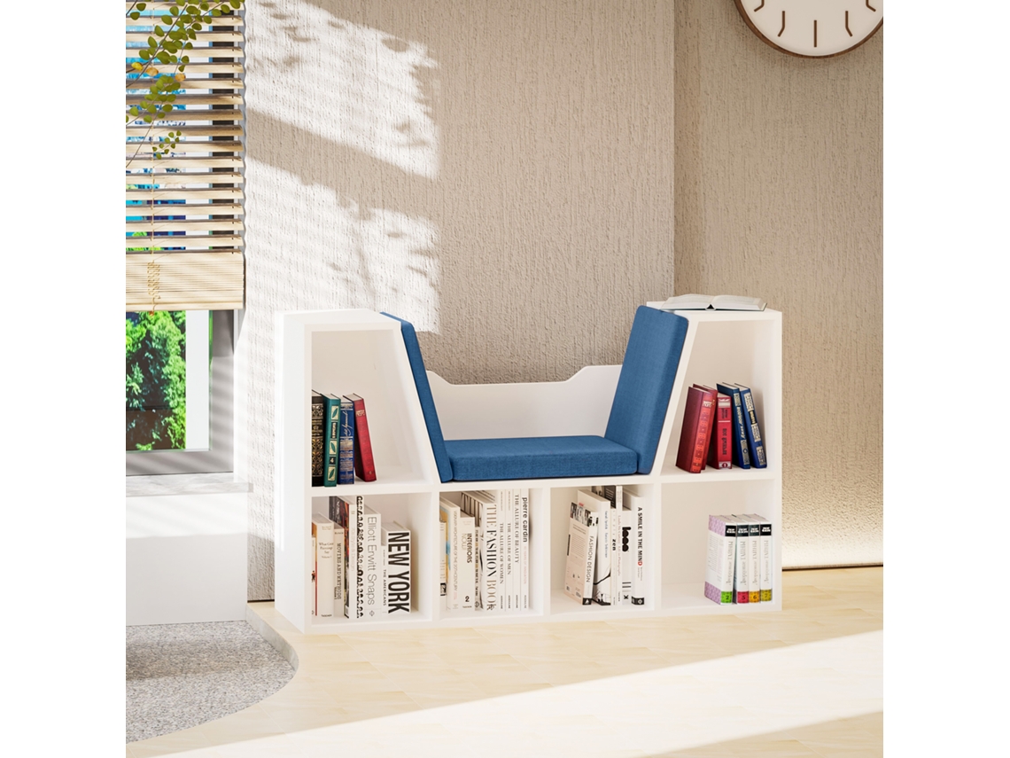 Estante Para Livros Com Banco Integrado E 6 Cubos Prateleiro Infantil Assento 102x30x61 Cm Branco E Azul