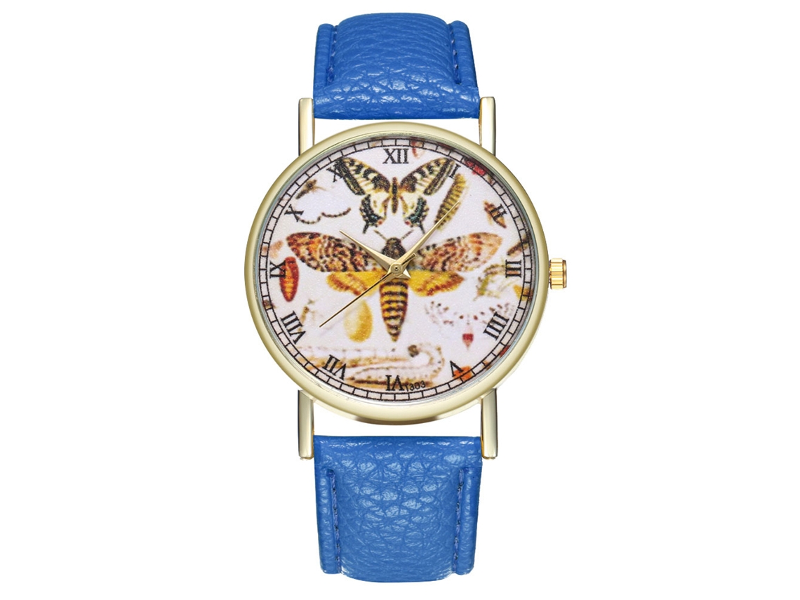 Relógio feminino Zhoulianfa com pulseira de couro, movimento de quartzo, modelo T303-a, cor azul borboleta.