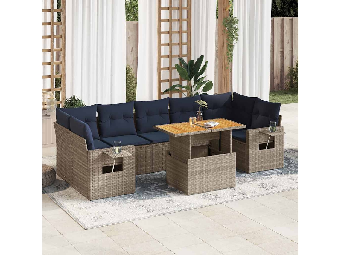 Vidaxl 8 Pcs Conjunto Sofás De Jardim C/ Almofadões Vime Pe Cinzento
