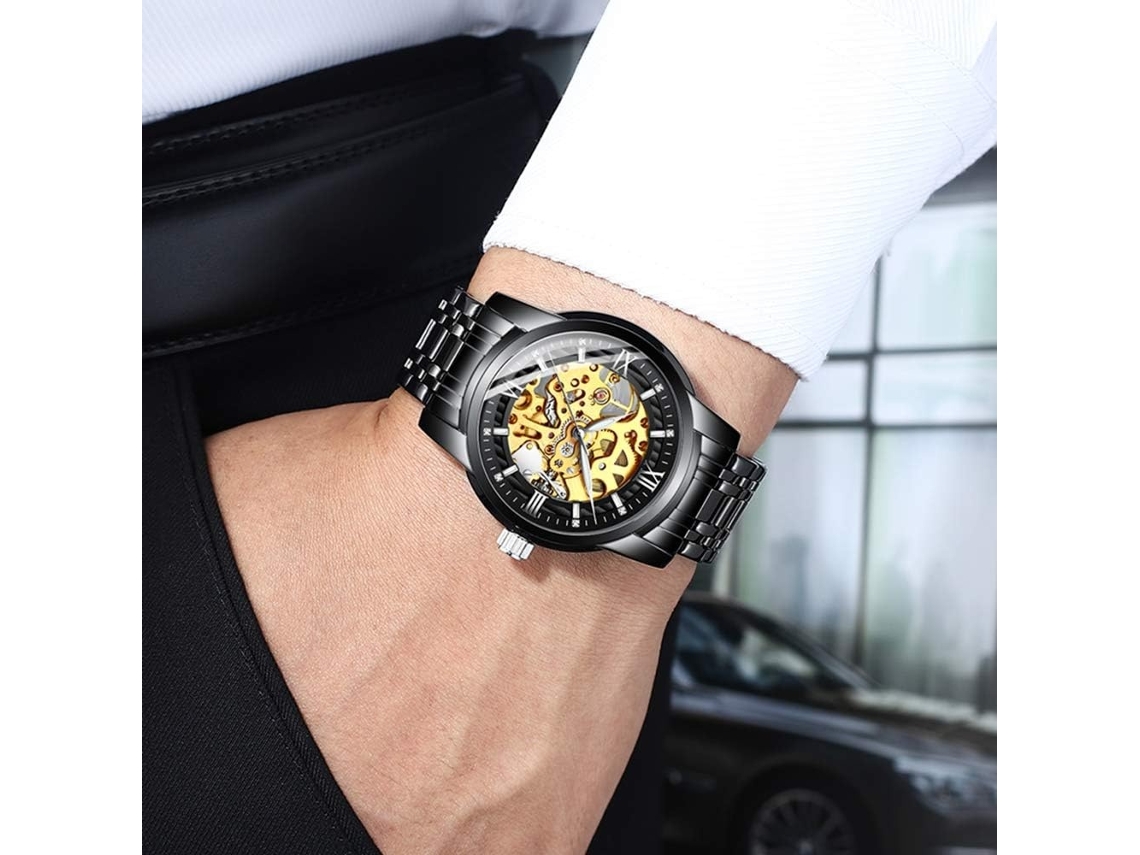 Lurelia Relógio Mecânico, Automático, Detalhes Com Strass, Mostrador Esqueleto, 41 Mm, Aço Inoxidável, Vidro Mineral, Resistente À Água 30m, Preto