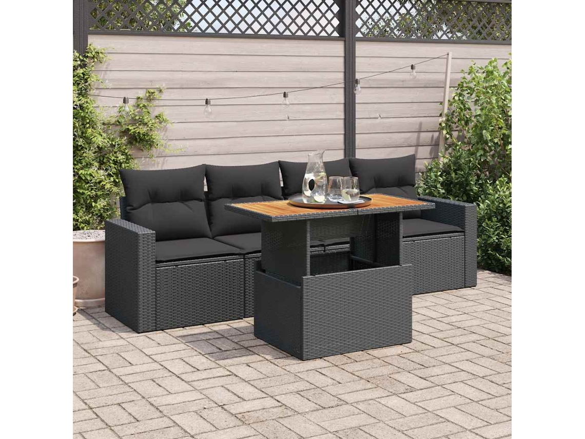 Vidaxl 5 Pcs Conjunto Sofás De Jardim Com Almofadões Vime Pe Preto