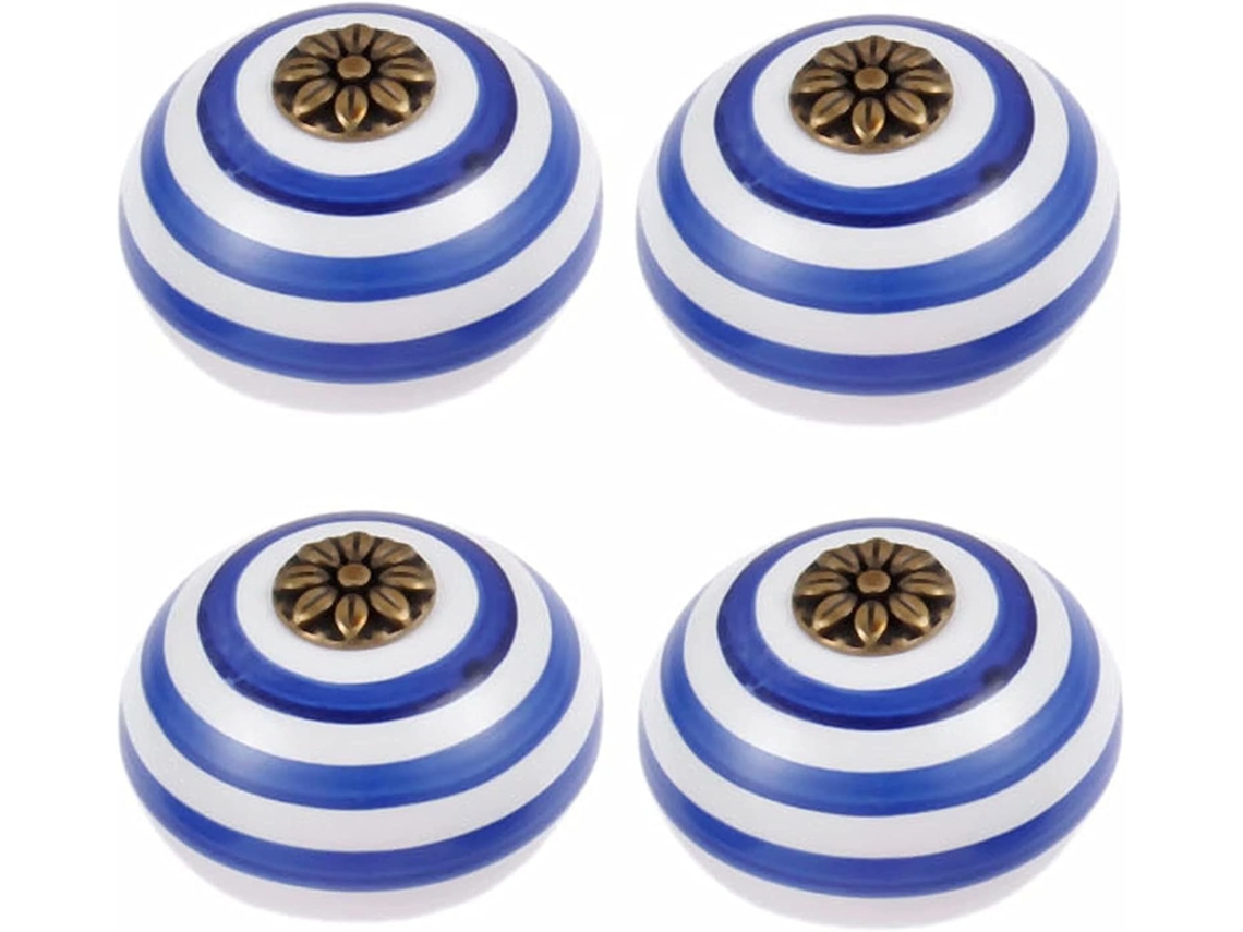 Conjunto De 4 Puxadores Cerâmica Azuis E Brancos Para Armários, Gavetas, Portas E Cômodas Diâmetro 40mm, Altura 32mm