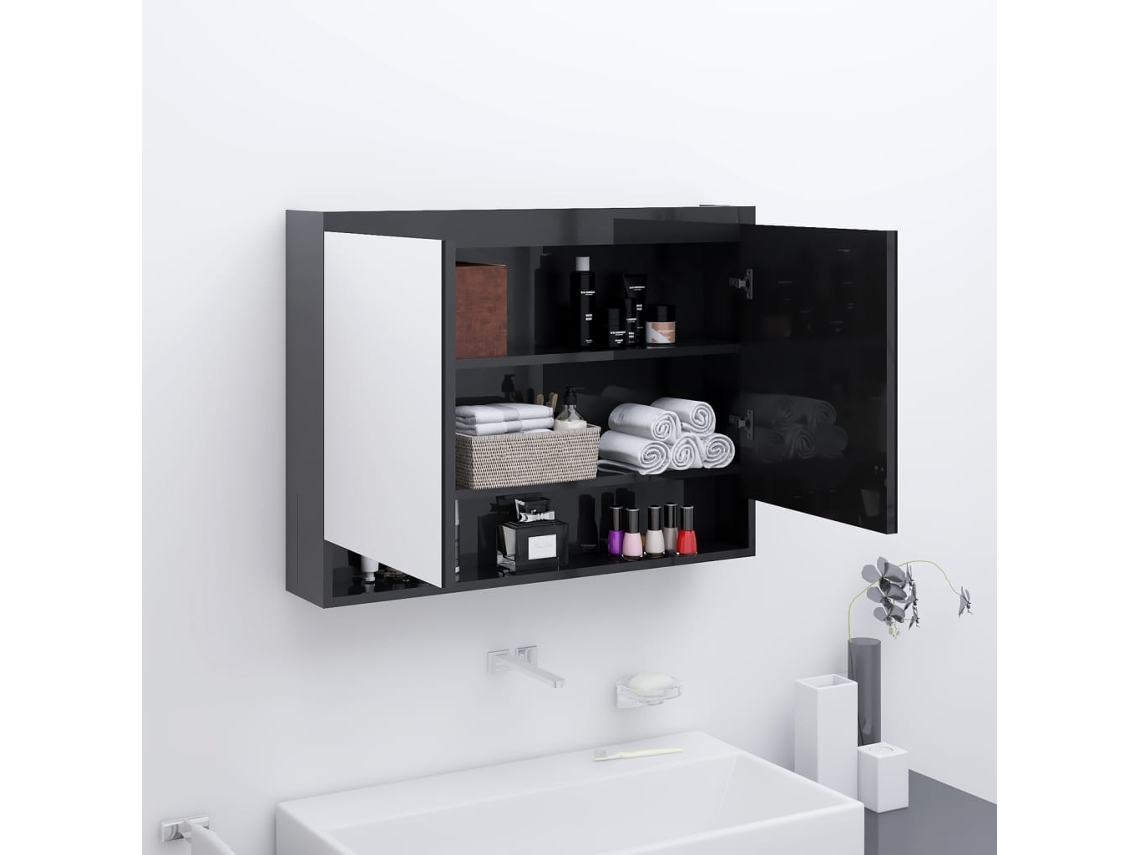 Vidaxl Armário Espelhado P/ Casa Banho 80x15x60 Cm Mdf Preto Brilhante