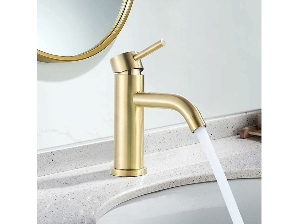 Misturador Simples Para Banheiro Com Tubo De Cobre, Torneira De Água Quente E Fria, Revestida A Ouro Escovado