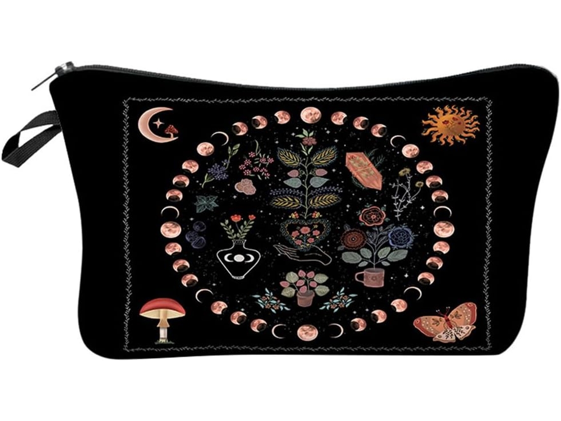 Nécessaire Feminina Para Maquiagem Com Estampa De Lua E Flores, Esponja De Poliéster.