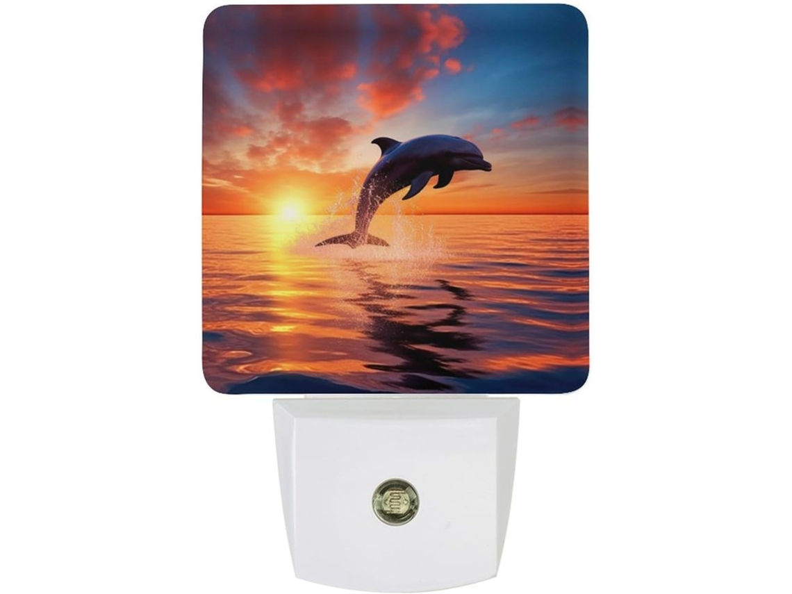 Luminária de parede com plugue, luz noturna com golfinhos ao poro do sol, sensor crepuscular, luz LED branca.