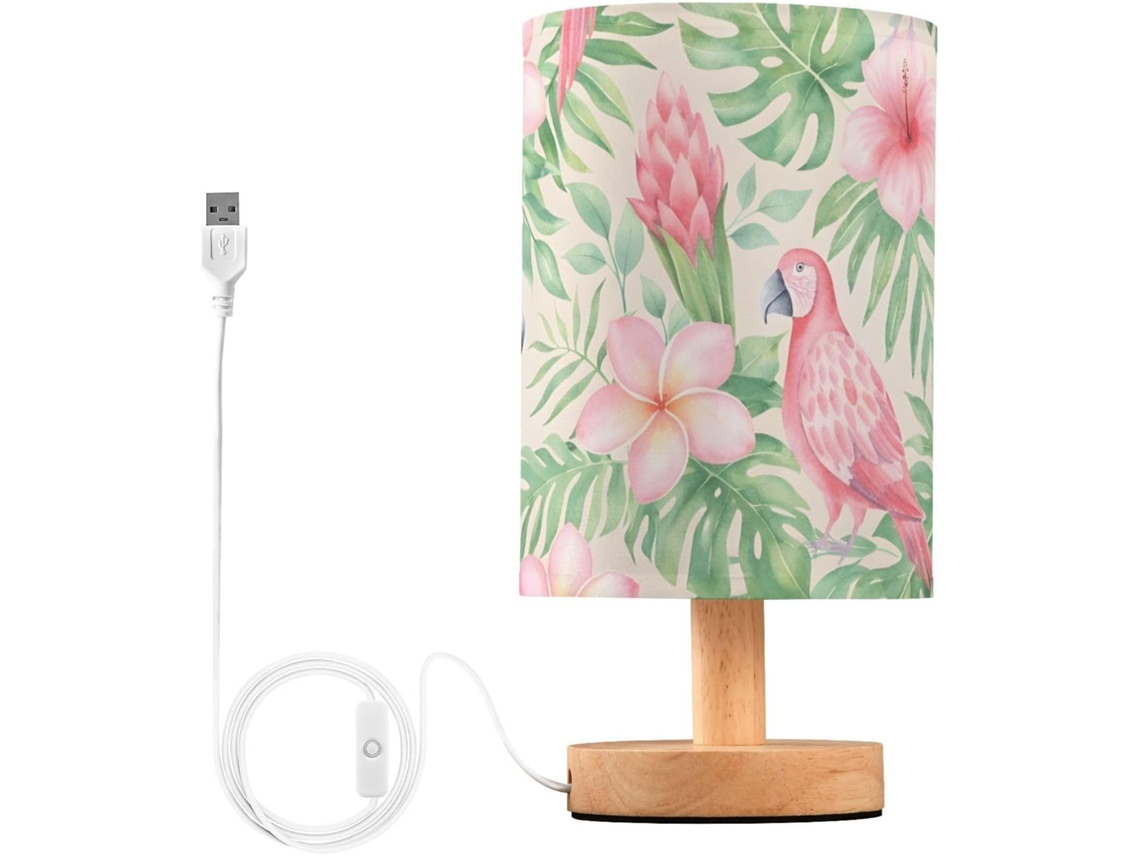 Abajur De Cabeceira Mnsruu Com Estampa Planta Tropical, Flamingo Em Folha De Palmeira Verde, Luminária De Cabeceira Led
