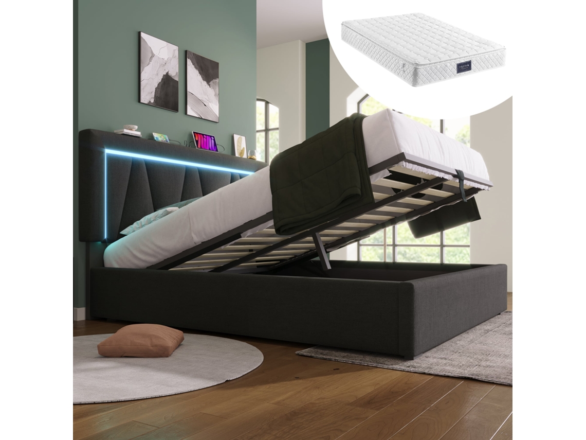 Cama Casal 160x200 com Led Usb c Ripas Linho e Colchão
