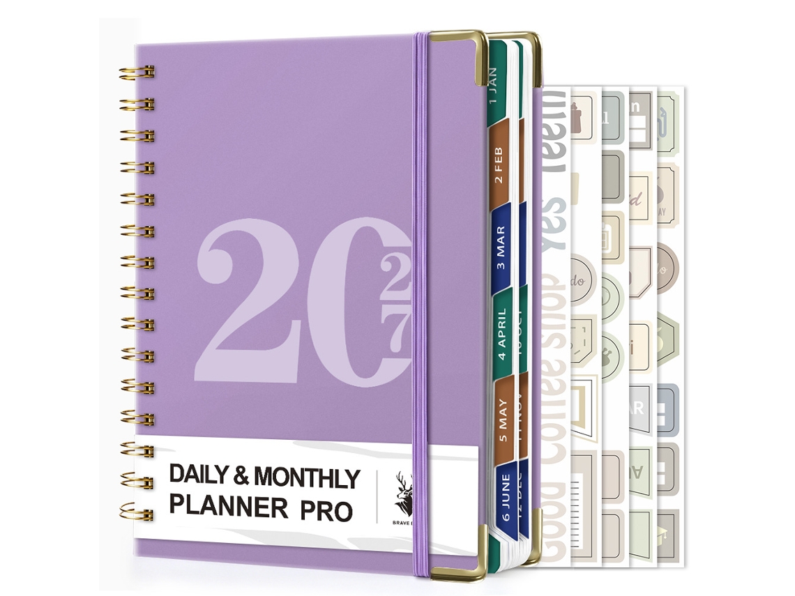 2027-daily Planner Leather Spiral Bound A5 Notebook 160-sheets Purple With Stickers 5-sheets