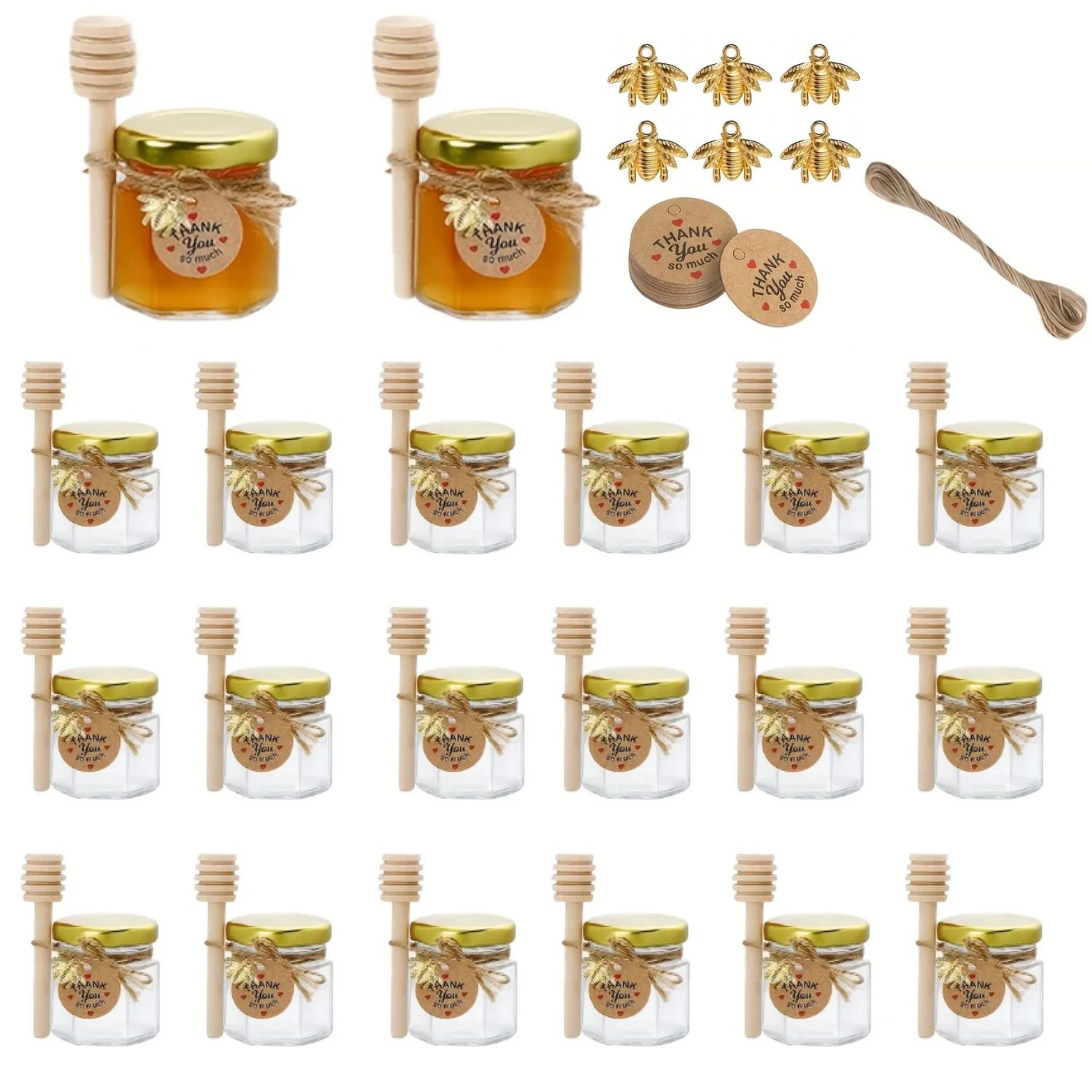 (45ml - 20 Frascos) Mini Potes De Mel Com Colheres, Hexagonais, De Vidro Para Cozinha, Herméticos.