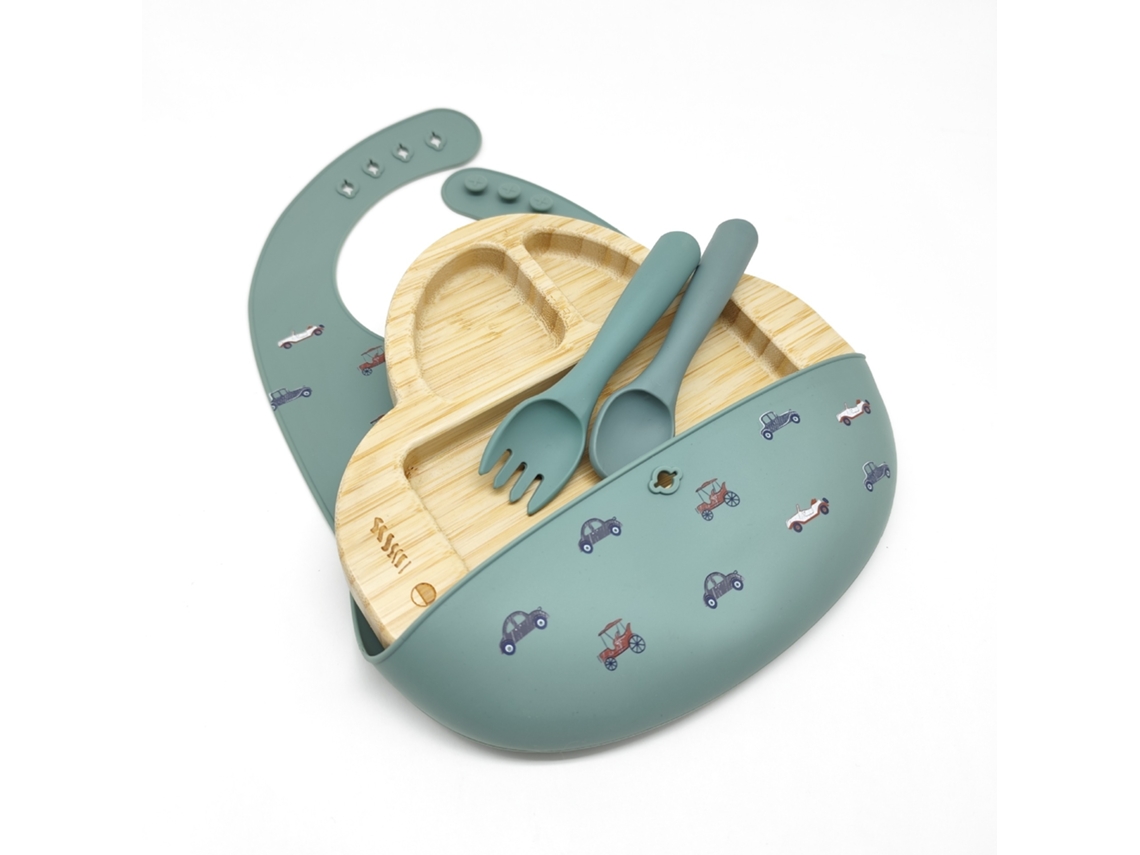 Conjunto de Loiça Infantil, Conjunto de 4 Peças, Prato de Bambu. Verde Militar CZHHMART