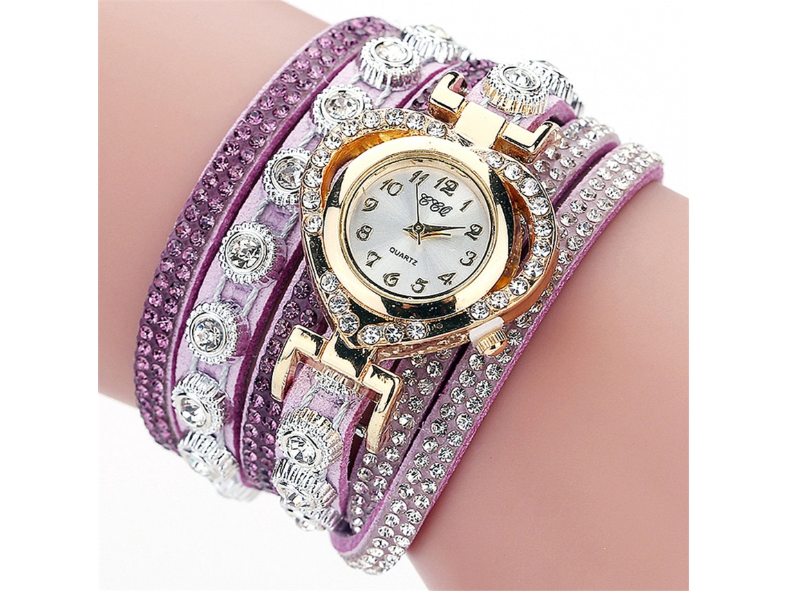 Relógio Pulseira Feminino Quartzo Coração com Strass Camadas Múltiplas Roxo
