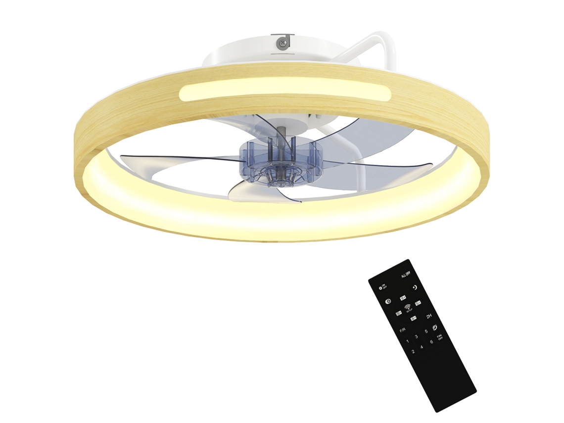 Ventilador De Teto Com Luz Led 40 W Motor Dc Reversível Comando 6 Velocidades 3 Cores Temporizador Madeira