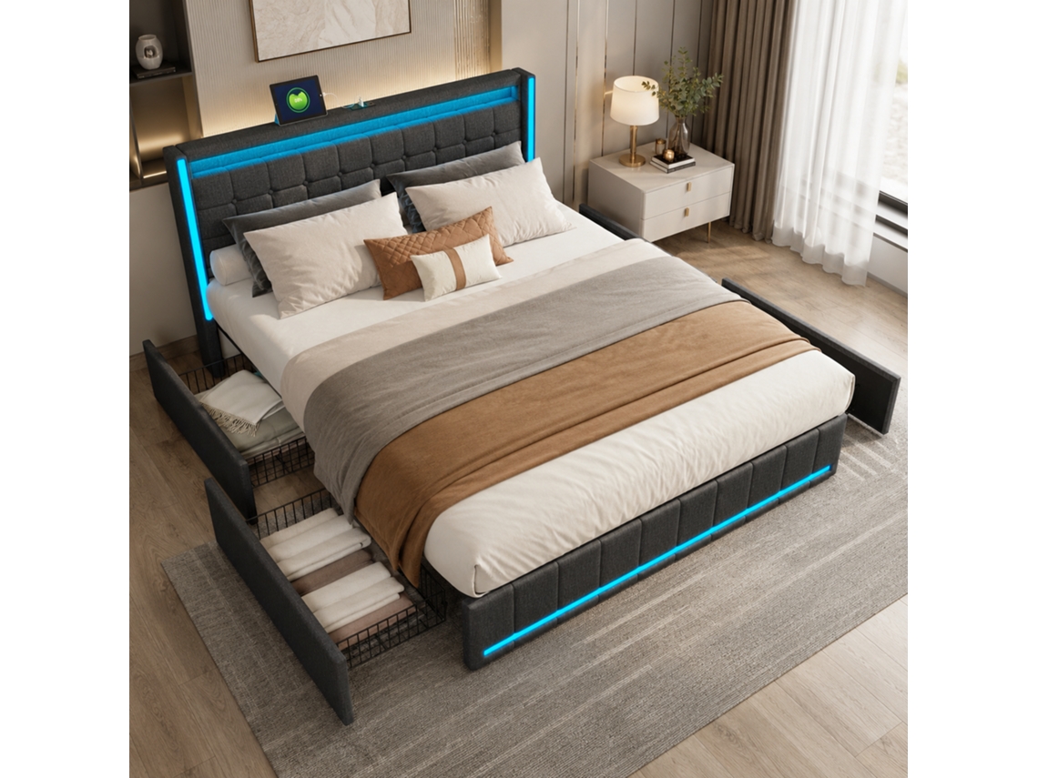 Cama Estofada 180x200 Cm com Led e Usb, Cama de Casal com Estrado de Ripas e 4 Gavetas, para Adultos e Adolescentes, Linho, Cinzento, MEXUS