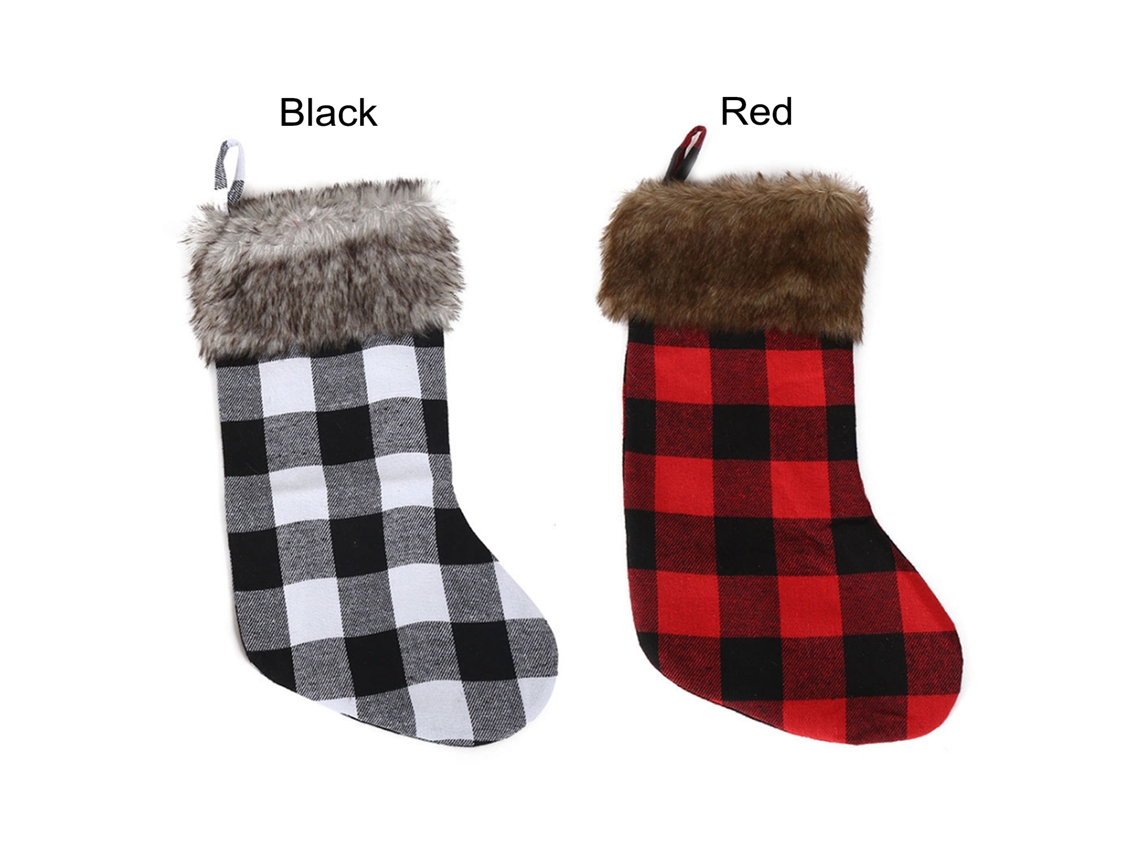 Conjunto de 2 meias de Natal black plaid com borda desfiada decoração natalícia LAXISCREED