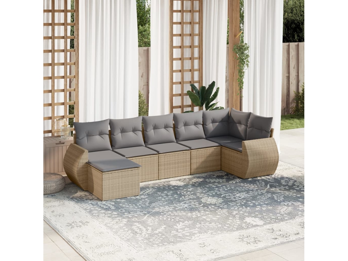 Vidaxl 7 Pcs Conjunto De Sofás P/ Jardim Com Almofadões Vime Pe Bege
