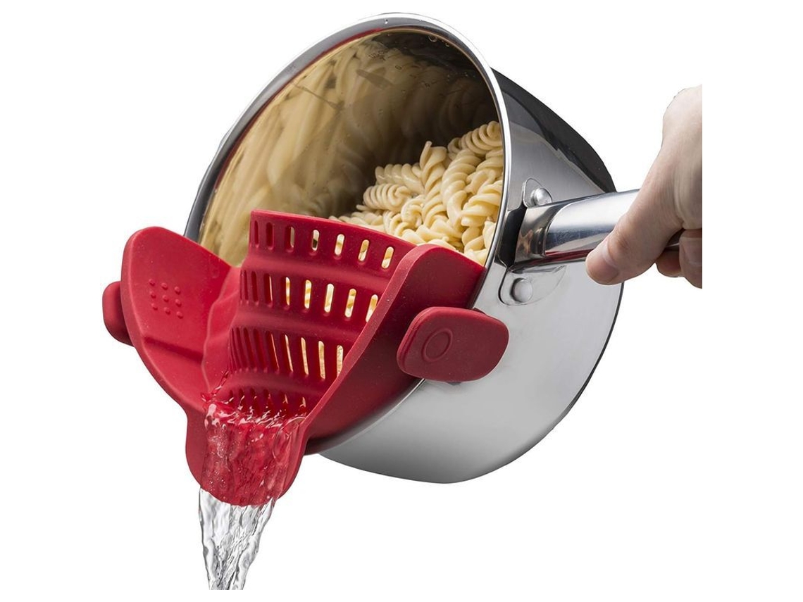 Escorredor de silicone com clipe, modelo 2026, compatível com todos os tipos de panelas e tigelas, vermelho.