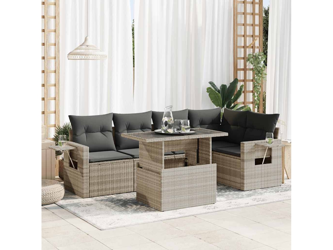 Vidaxl 6 Pcs Conj. Sofás Jardim Com Almofadões Vime Pe Cinzento-claro