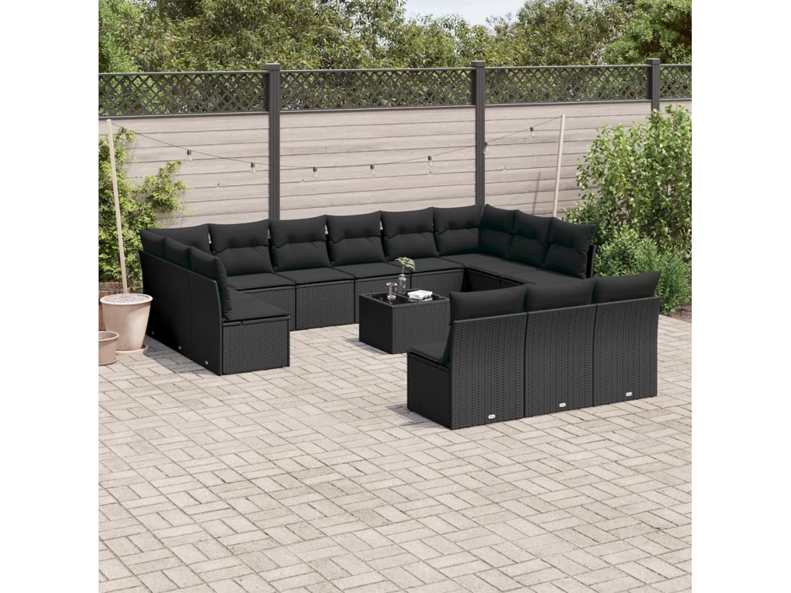 14 Pcs Conjunto De Sofás P/ Jardim C/ Almofadões Vime Pe Preto Dkd Home Decor