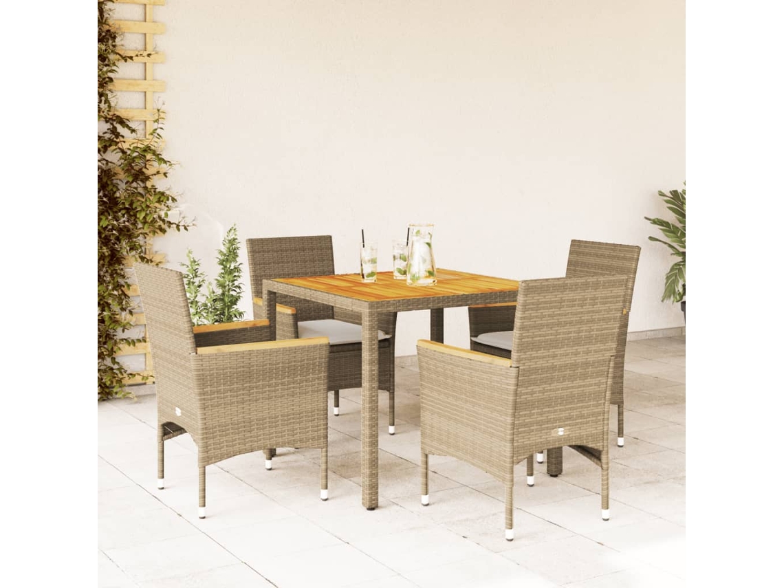 Conjunto 5 Peças Jantar Jardim C/ Almofadões Vime Pe/acácia Bege Dkd Home Decor