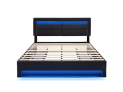 Cama De Casal Com Gavetas Imitação Led Portas Carregamento Sem Mobrio Madeira Pele Preto (140x190)