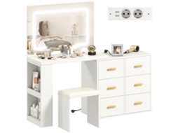 Coiffeuse com Espelho e Banco - Mesa de Maquiagem com Luz Led Ajustável,6 Gavetas,118x78x135cm,branco BTFORUS