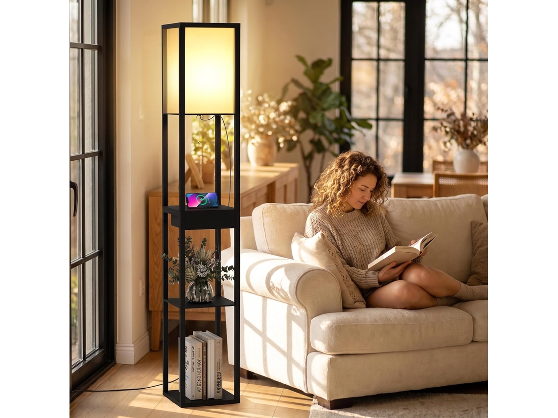 Luminária De Chão Yu Yusing Com 3 Prateleiras, 2 Portas Usb Para Carregamento E 1 Gaveta, Luminária De Chão Madeira Para