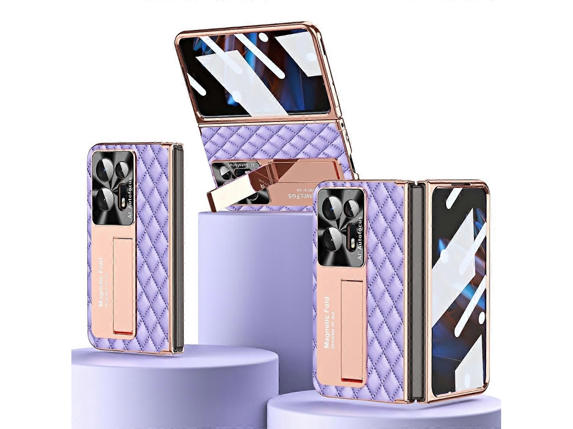 Capa De Celular Em Couro Liso Com Padrão De Losangos E Acabamento Eletrogalvanizado Para Oppo Find N2
