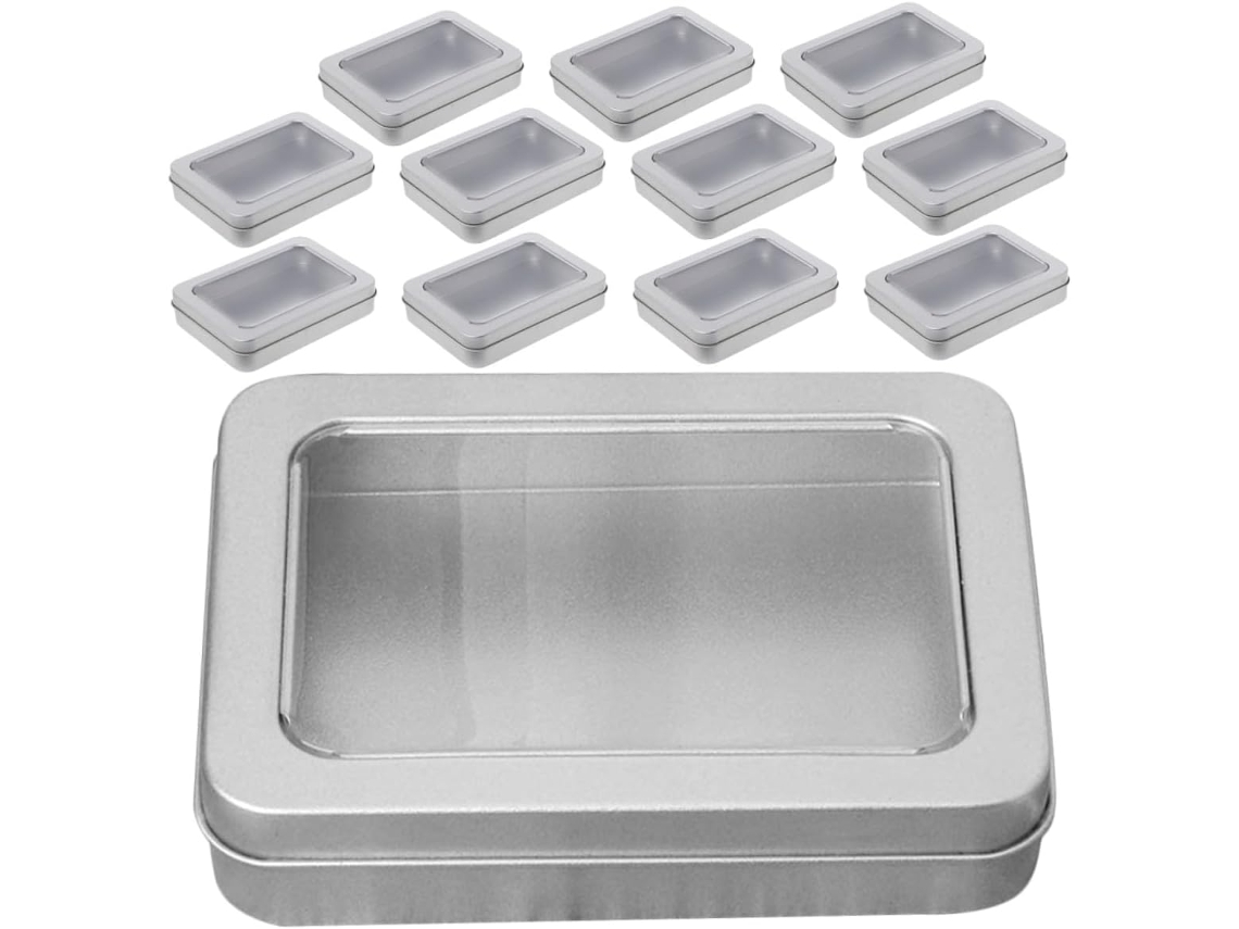 Conjunto Pequeno Com 12 Caixas Retangulares De Metal Com Tampas Transparentes.