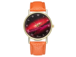 Relógio de pulso analógico de quartzo laranja com mostrador redondo e pulseira de liga metálica, ideal para casais.
