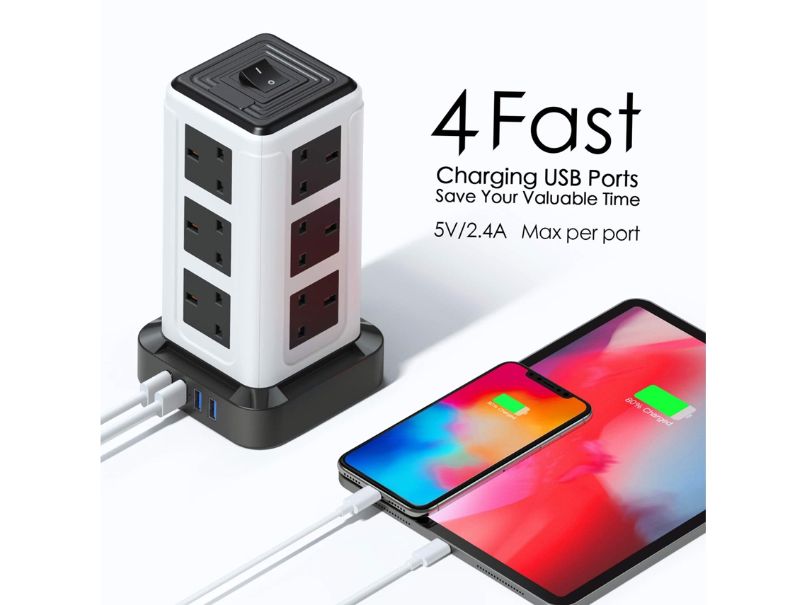 Torre de Extensão com 12 Tomadas Ac, Usb c e Proteção Contra Sobretensões, 3 Metros de Cabo LAXISCREED