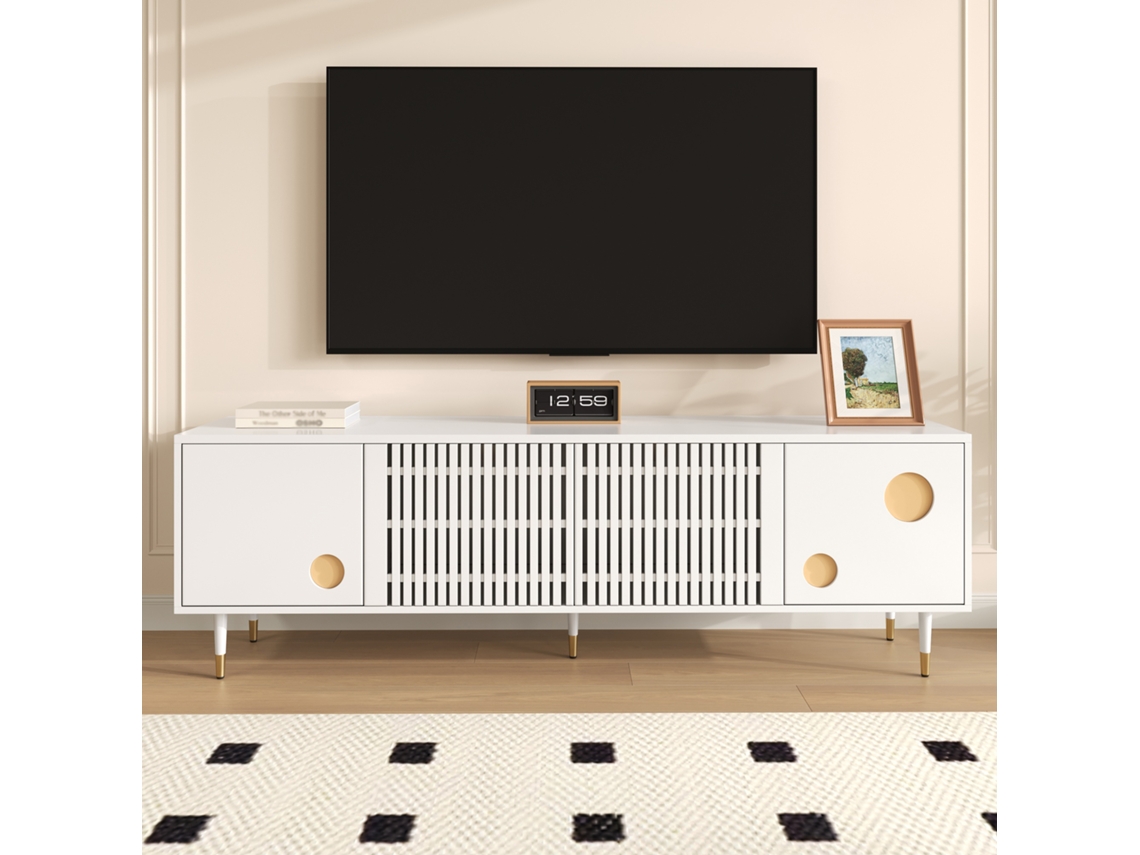 Móvel para TV KOMHTOM, portas com grade, 170 cm, acabamento dourado, 2 portas em madeira maciça, pés ajustáveis, sistema anti tombamento