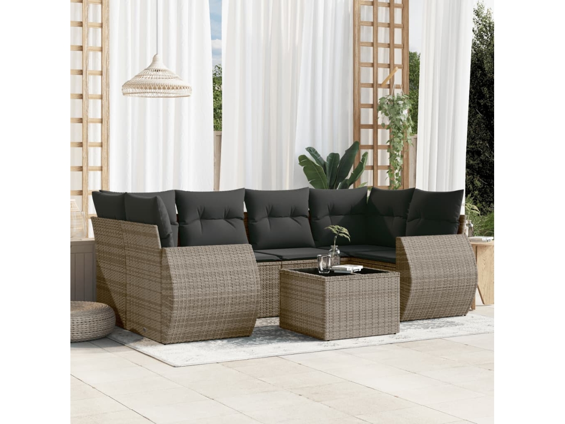 Vidaxl 7 Pcs Conjunto Sofás P/ Jardim C/ Almofadões Vime Pe Cinzento