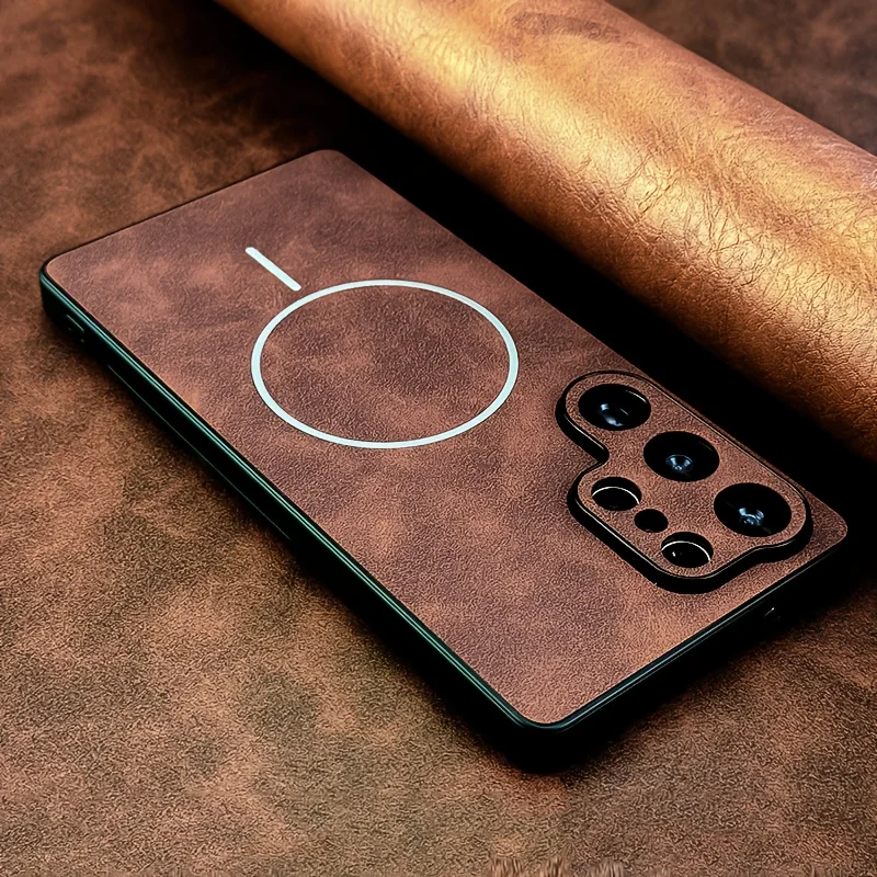 Capa Magnética Em Couro Genuíno Para Celular Samsung (galaxy S25 Fe Marrom Escuro) Com Protetor De Lente Magsafe.