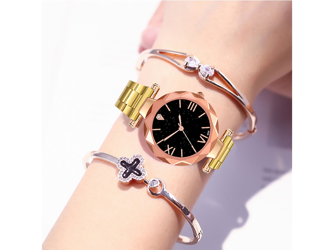 Relógio Feminino de Quartzo Zhoulianfa com Pulseira de Aço e Números Romanos (ouro)