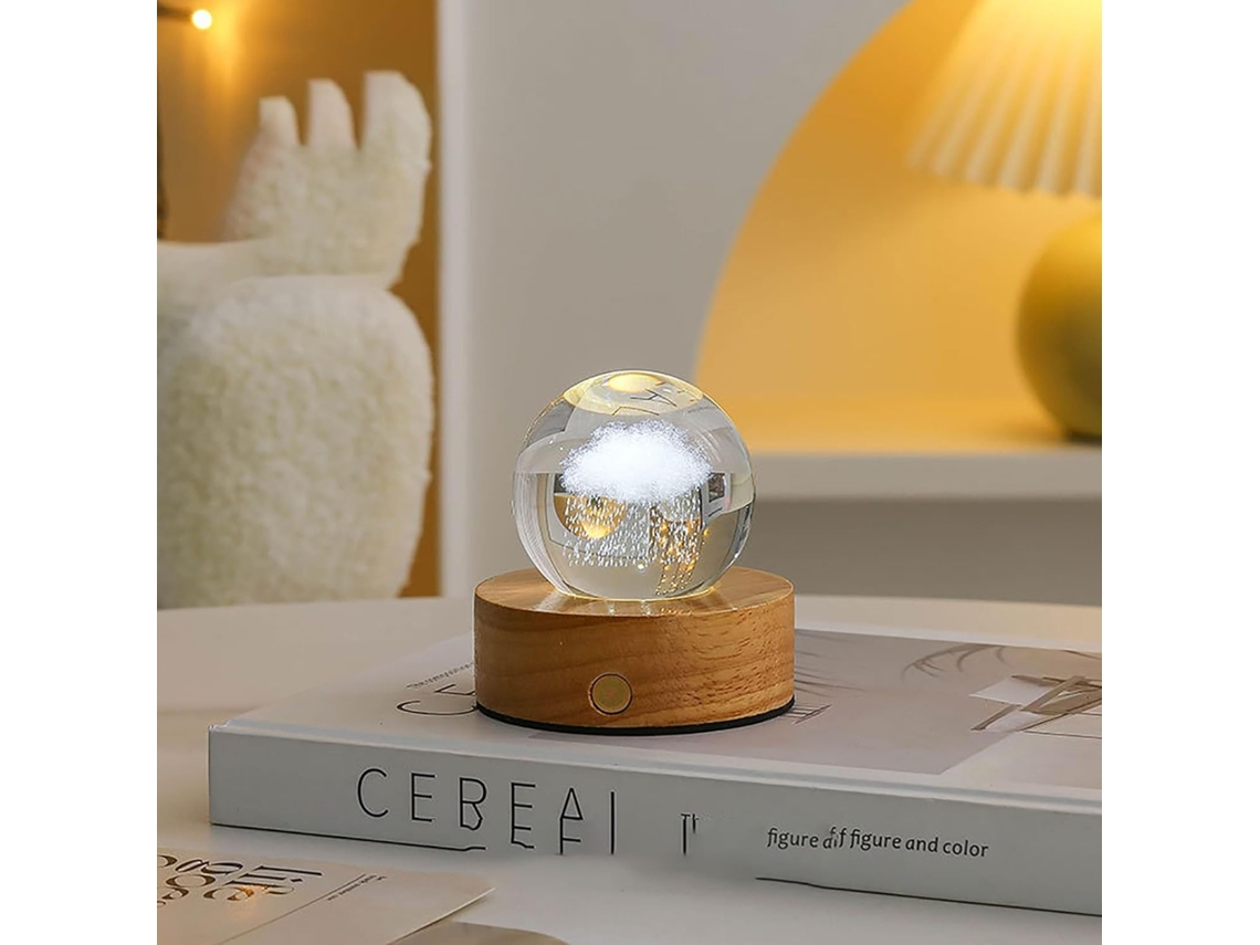 Luminária noturna em formato de bola de cristal 3D, com base iluminada por LED.