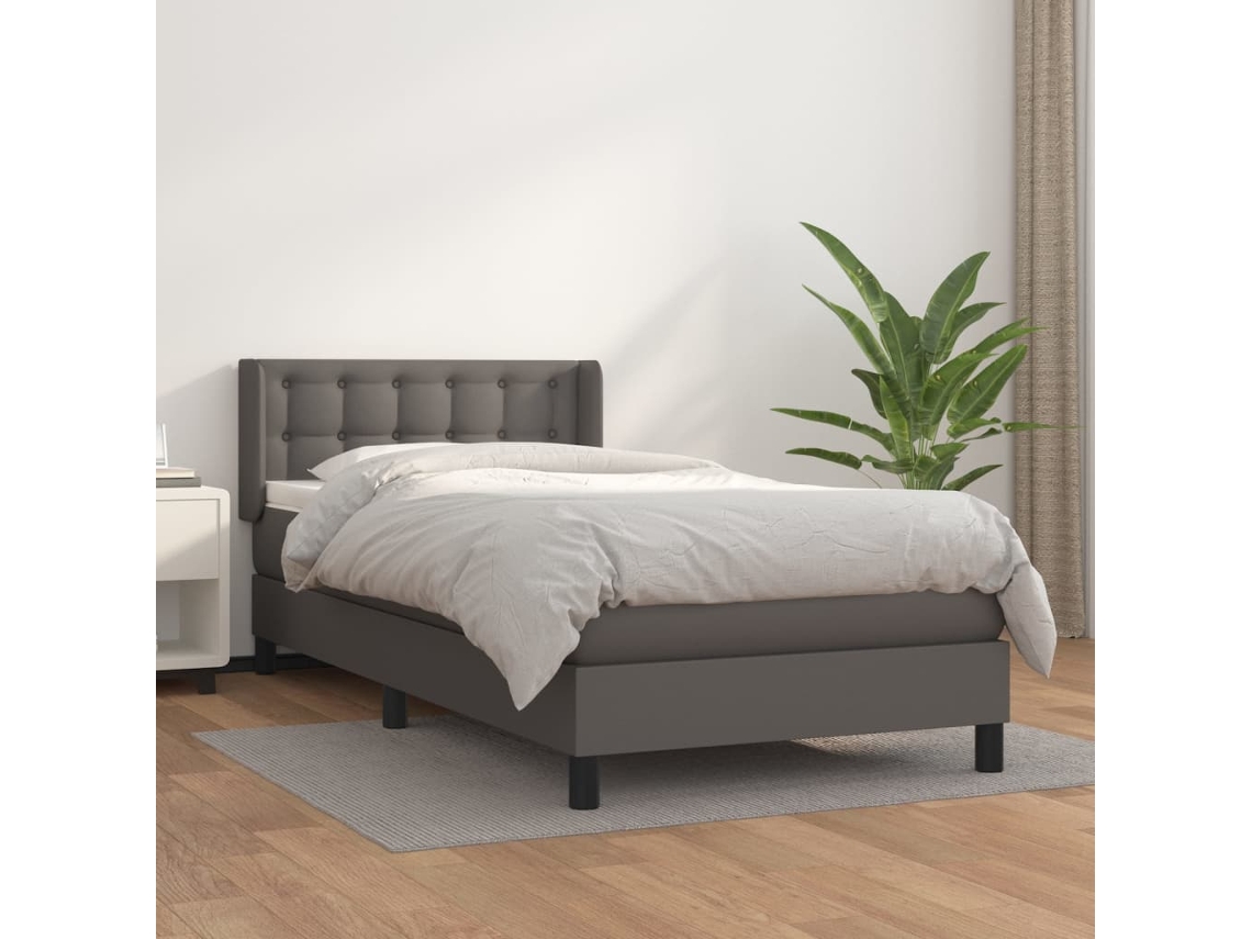 Vidaxl Cama Com Molas/colchão 90x200 Cm Couro Artificial Cinzento