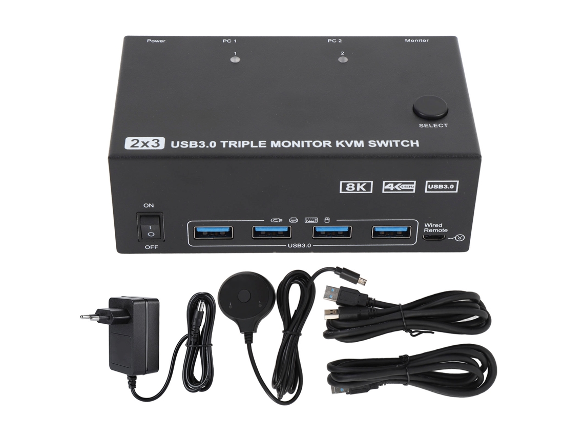 Switch Kvm Hd 8k 60hz Para 2 Computadores, 3 Monitores, 4 Portas Usb 3.0, Displayport, Plugue Eu