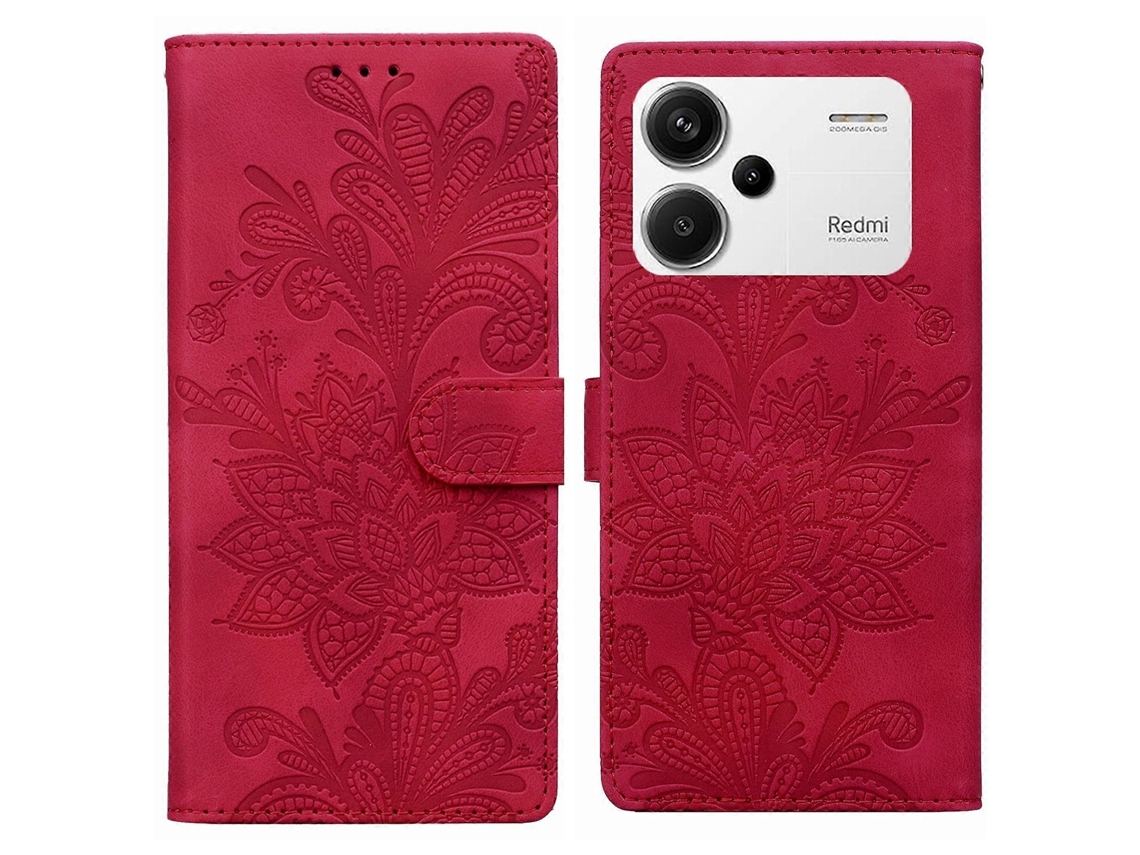 Capa De Celular Em Pu Com Fecho Magnético, Estampa Floral Em Relevo De Renda E Alça De Pulso Para Redmi Note 13 Pro+