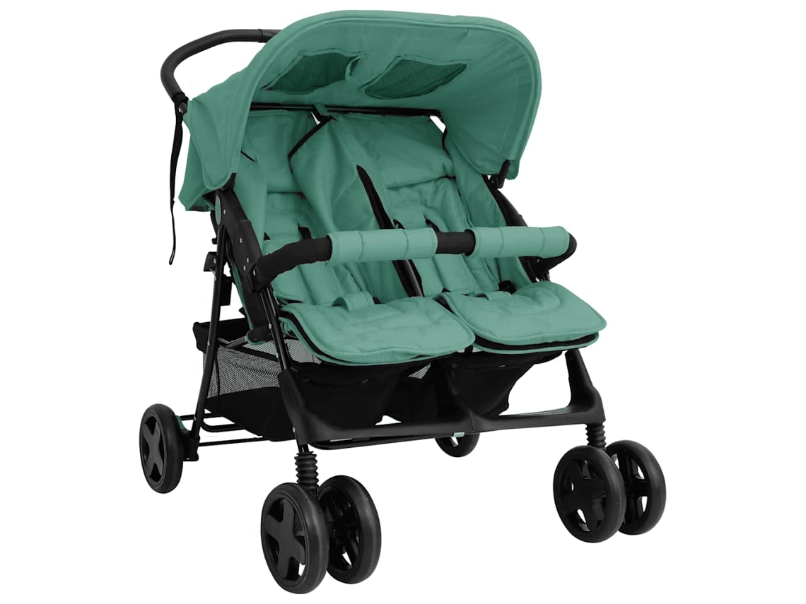 Vidaxl Carrinho De Bebé Para Gémeos Aço Verde