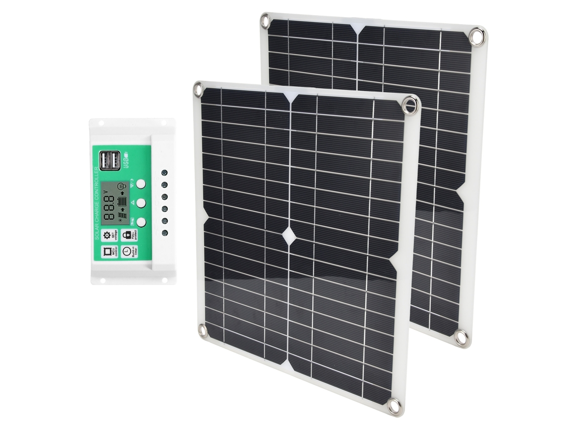 Kit Painel Solar 2pcs 15W Controlador 60A Flexível Portátil com USB para Carro RV Camping | S/MARCA