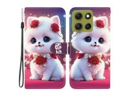 Capa De Couro Tkdaddy Para Motorola Moto G86 5g Com Suporte, Carteira, Estampa De Celular, Com Alça De Pulso, Gato Rosa